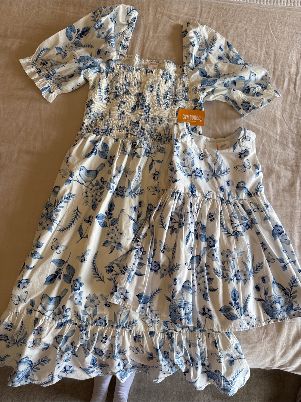 Gymboree White and Blue Floral Smocked Maxi Dress with Matching Little Dress